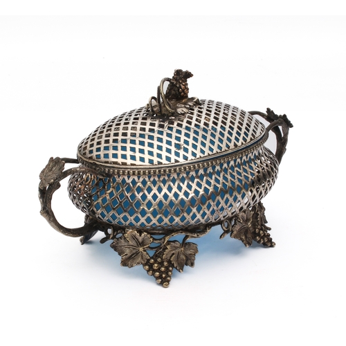 132 - A 19th century silver plated covered bon-bon dish - of bombe oval form, the lattice body with vine h... 