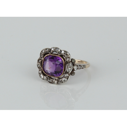 172 - A mid-century 14ct gold, silver, amethyst and diamond cluster ring - unmarked, tests as 14ct and sil... 