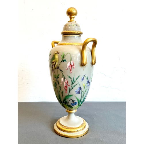 37 - A Victorian enamelled two handled opaque glass vase and cover - possibly by Richardsons, ovoid form ... 