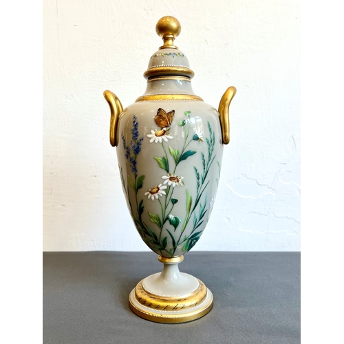 37 - A Victorian enamelled two handled opaque glass vase and cover - possibly by Richardsons, ovoid form ... 