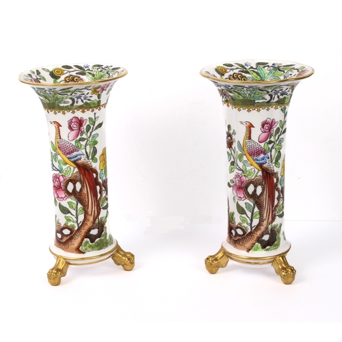 4 - A pair of Copelands Spode porcelain trumpet vases - early 20th century, dark green printed and red p... 