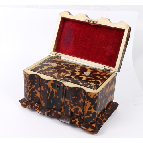 725 - A George III tortoiseshell tea caddy - domed rectangular form with inverted arcading to the front an... 