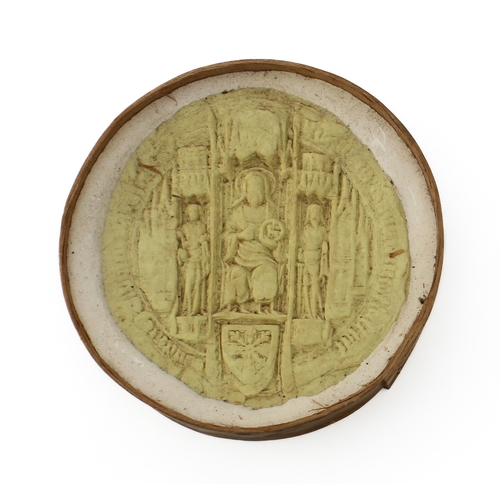 753 - Four 19th century replica abbey and college seals - each in moulded pale yellow opaque glass and hou... 