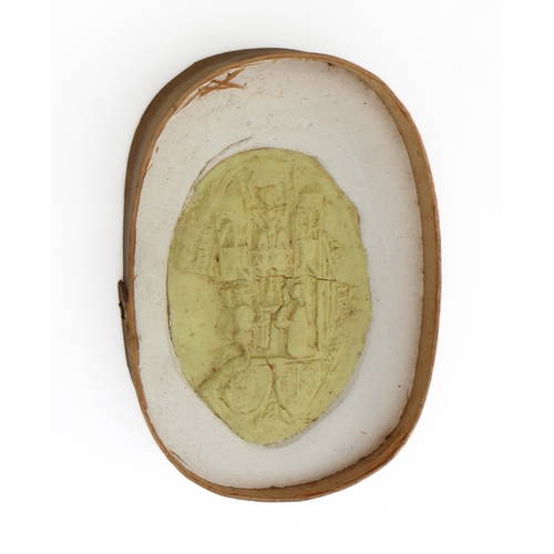 753 - Four 19th century replica abbey and college seals - each in moulded pale yellow opaque glass and hou... 