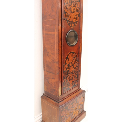 248 - A Queen Anne walnut and marquetry longcase clock - the square brass dial with twin cherub and crown ... 