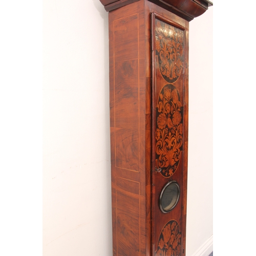 248 - A Queen Anne walnut and marquetry longcase clock - the square brass dial with twin cherub and crown ... 