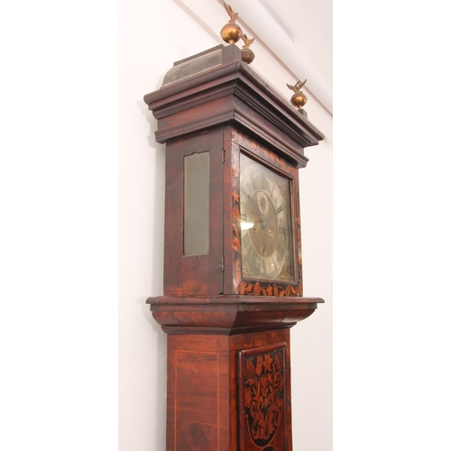 248 - A Queen Anne walnut and marquetry longcase clock - the square brass dial with twin cherub and crown ... 