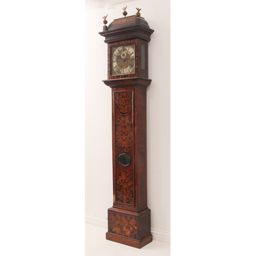 248 - A Queen Anne walnut and marquetry longcase clock - the square brass dial with twin cherub and crown ... 