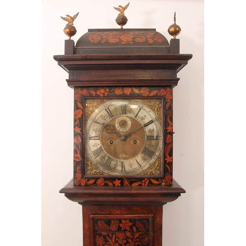 248 - A Queen Anne walnut and marquetry longcase clock - the square brass dial with twin cherub and crown ... 