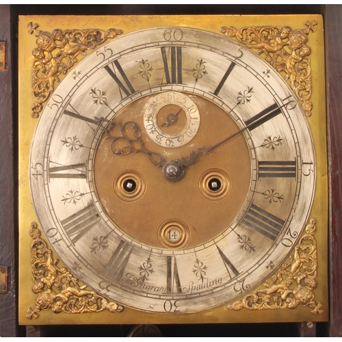 248 - A Queen Anne walnut and marquetry longcase clock - the square brass dial with twin cherub and crown ... 