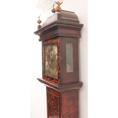 248 - A Queen Anne walnut and marquetry longcase clock - the square brass dial with twin cherub and crown ... 