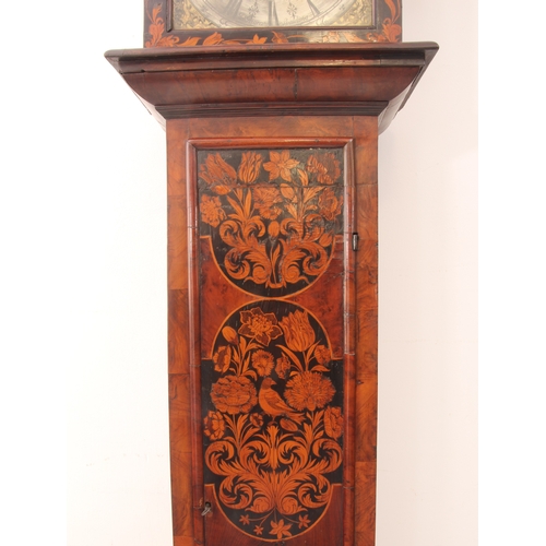 248 - A Queen Anne walnut and marquetry longcase clock - the square brass dial with twin cherub and crown ... 