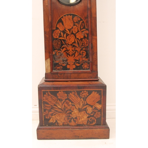 248 - A Queen Anne walnut and marquetry longcase clock - the square brass dial with twin cherub and crown ... 