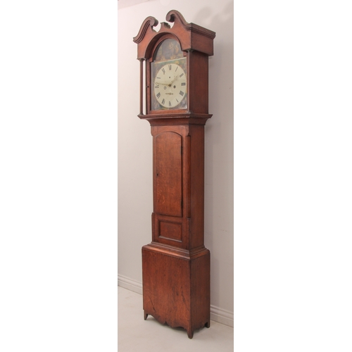 251 - An early 19th century oak eight-day longcase clock - the painted arched Roman dial with painted arch... 