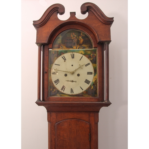 251 - An early 19th century oak eight-day longcase clock - the painted arched Roman dial with painted arch... 