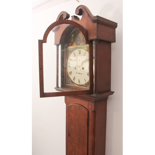 251 - An early 19th century oak eight-day longcase clock - the painted arched Roman dial with painted arch... 