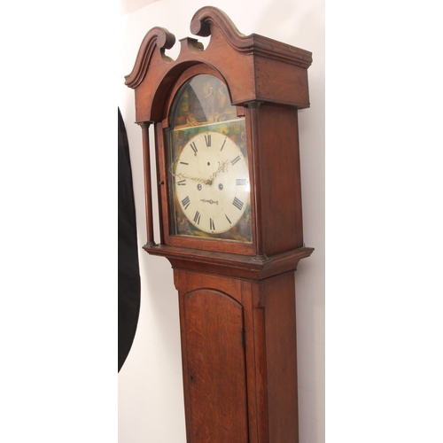 251 - An early 19th century oak eight-day longcase clock - the painted arched Roman dial with painted arch... 