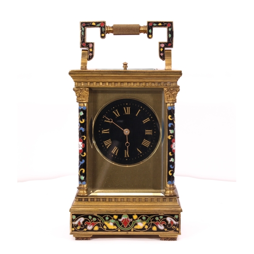 252 - A gilt brass and cloisonné enamel carriage clock - 20th century, the case with dentil borders and cl... 