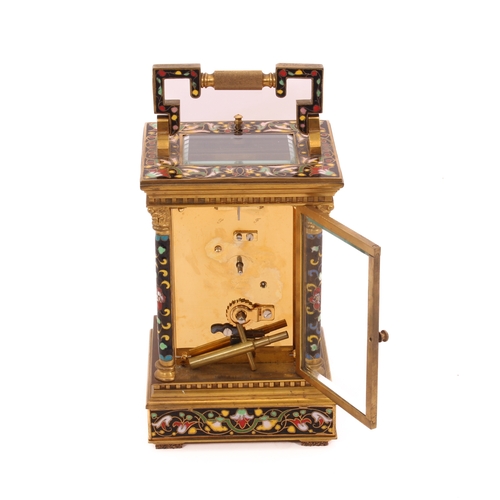 252 - A gilt brass and cloisonné enamel carriage clock - 20th century, the case with dentil borders and cl... 