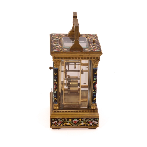 252 - A gilt brass and cloisonné enamel carriage clock - 20th century, the case with dentil borders and cl... 