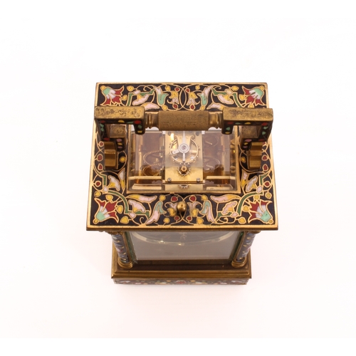 252 - A gilt brass and cloisonné enamel carriage clock - 20th century, the case with dentil borders and cl... 