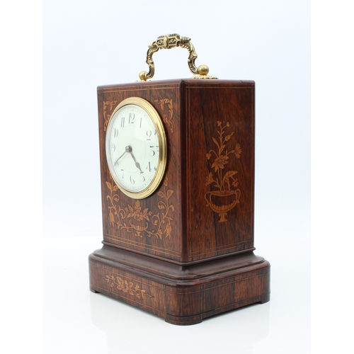 255 - A French rosewood and marquetry library clock - circa 1890, the 3½in white enamel Roman dial with ho... 