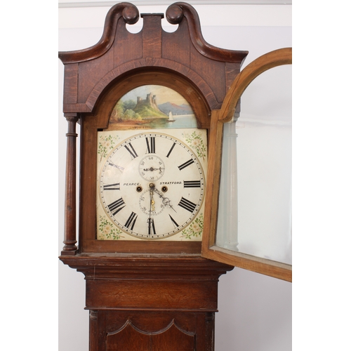 266 - An early 19th century oak eight-day longcase clock by Pearce of Stratford - the signed, painted arch... 