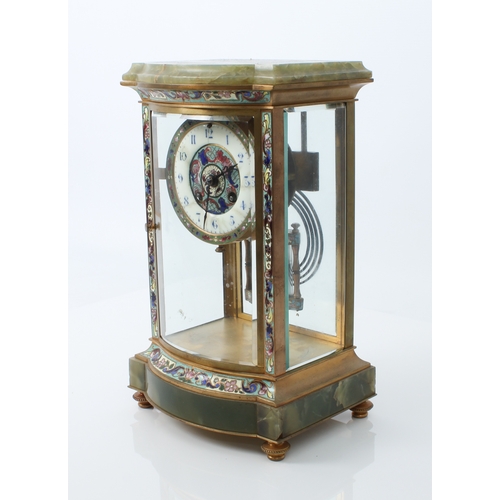 274 - A French green onyx, brass and cloisonné enamel four glass mantel clock - circa 1890, the cloisonné ... 