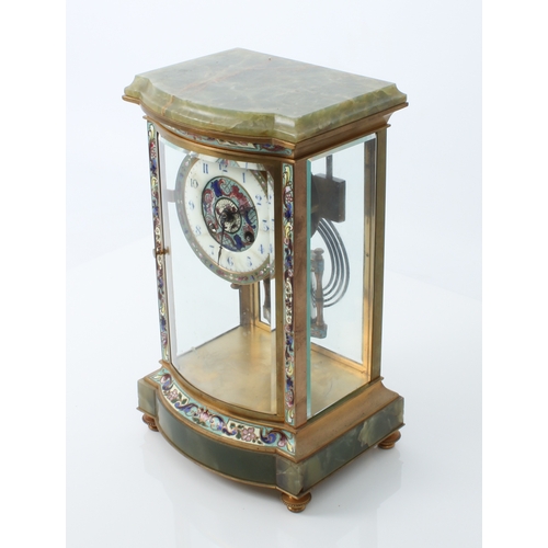 274 - A French green onyx, brass and cloisonné enamel four glass mantel clock - circa 1890, the cloisonné ... 