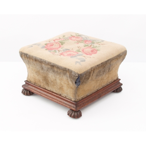 444 - Two mid-19th century square mahogany footstools - with stuffover seats upholstered with floral needl... 