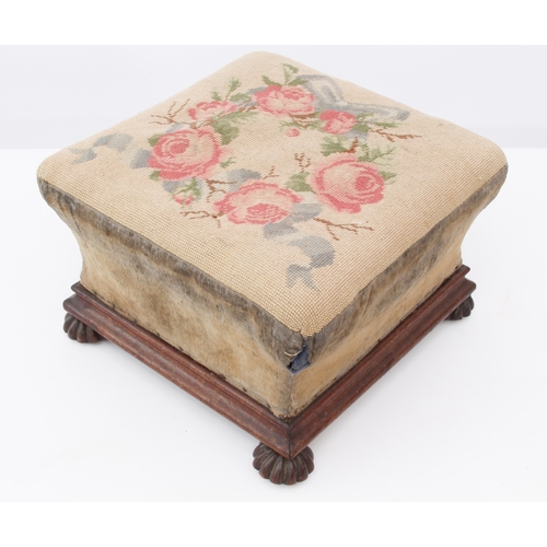 444 - Two mid-19th century square mahogany footstools - with stuffover seats upholstered with floral needl... 