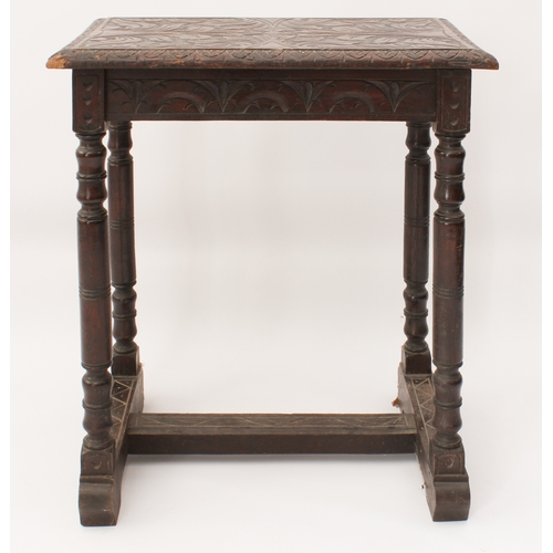 454 - A 19th century carved oak occasional table in the late-17th century style - the rectangular moulded ... 