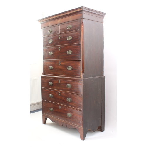 455 - An early 19th century inlaid mahogany chest on chest, probably Channel Islands - the ogee moulded fl... 