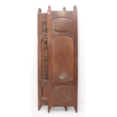 481 - An Anglo-Chinese carved hardwood three-fold room or dressing screen - early 20th century, each panel... 