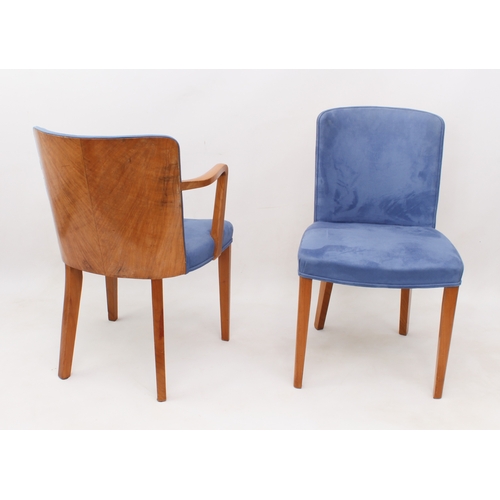 493 - A good set of six walnut and beech mid-century Art Deco style dining chairs - including two carvers,... 