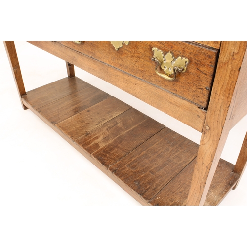 499 - An early 18th century oak potboard dresser of small proportions - the moulded top over two drawers w... 