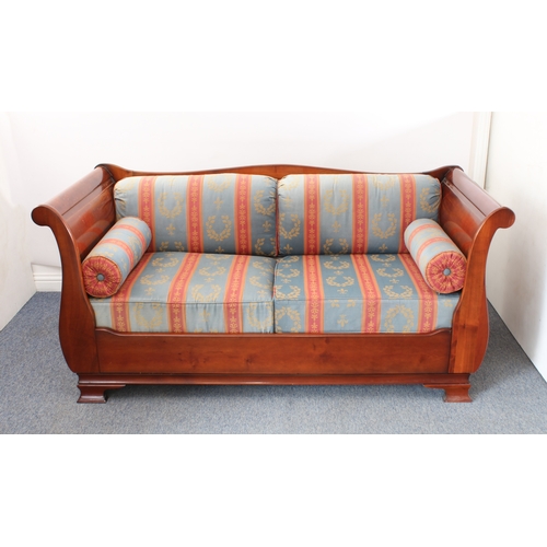 504 - A cherrywood sleigh-style double sofa-bed by And So To Bed - with a panelled back, panelled scroll a... 