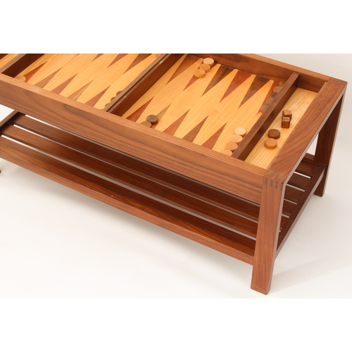 511 - A modern teak, light oak and coromandel backgammon coffee table - with two-part inlaid gaming board ... 