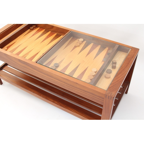 511 - A modern teak, light oak and coromandel backgammon coffee table - with two-part inlaid gaming board ... 