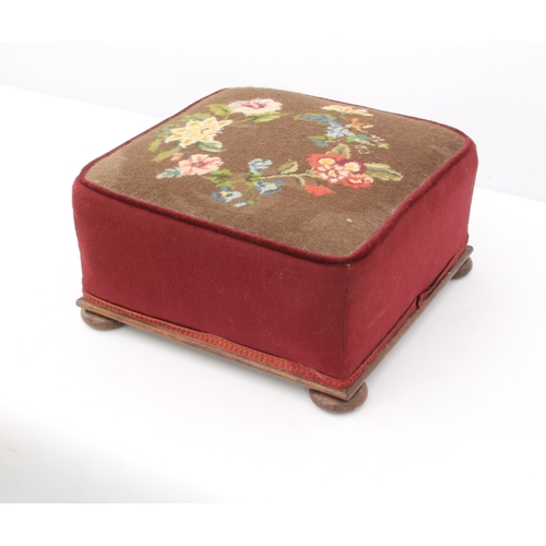 533 - Three 19th century upholstered footstools - two of square form, with floral needlework seats, one ra... 