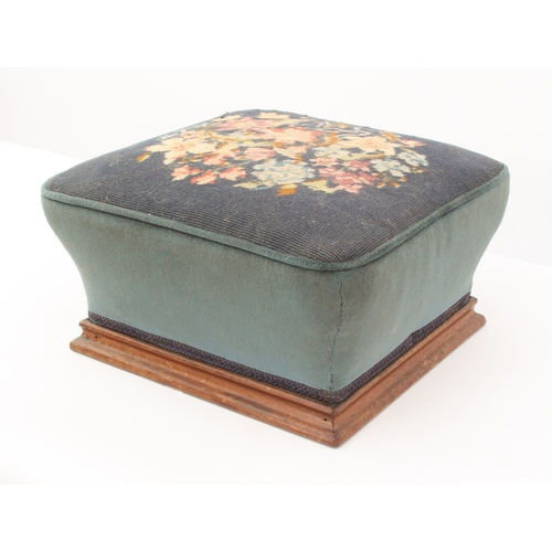 533 - Three 19th century upholstered footstools - two of square form, with floral needlework seats, one ra... 