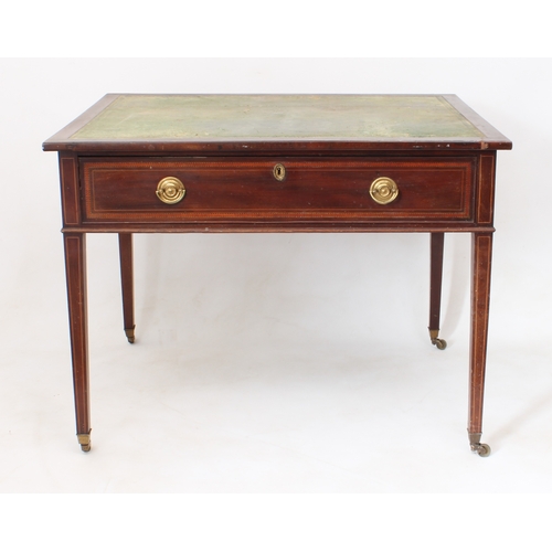 539 - A Regency mahogany writing table - the rectangular top with barber's pole banding and inset tooled g... 