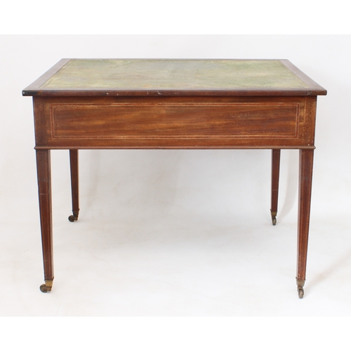 539 - A Regency mahogany writing table - the rectangular top with barber's pole banding and inset tooled g... 