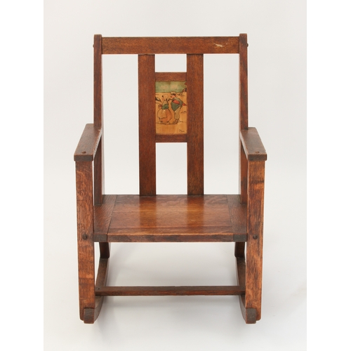 540 - An early 20th century oak child's rocking chair in the Arts & Crafts style - the back with H-stretch... 