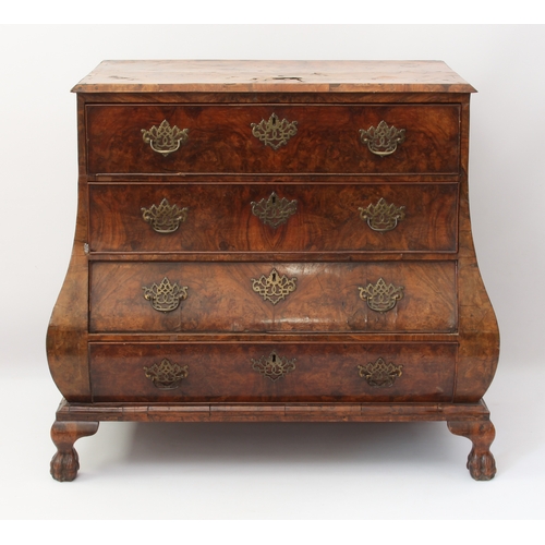 546 - A Dutch 18th century burr and figured walnut bombe chest-of-drawers - the bevelled top over four coc... 