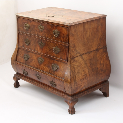 546 - A Dutch 18th century burr and figured walnut bombe chest-of-drawers - the bevelled top over four coc... 