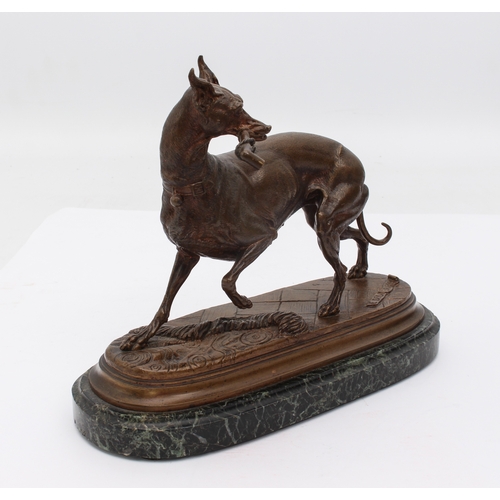 700 - after E. Delabrierre (1829-1912) - a bronze of a greyhound, 20th century, holding a riding crop in i... 