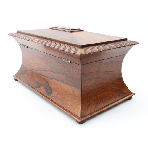 707 - An unusually large late-Regency rosewood sarcophagus tea caddy - with gadrooned border to the hinged... 