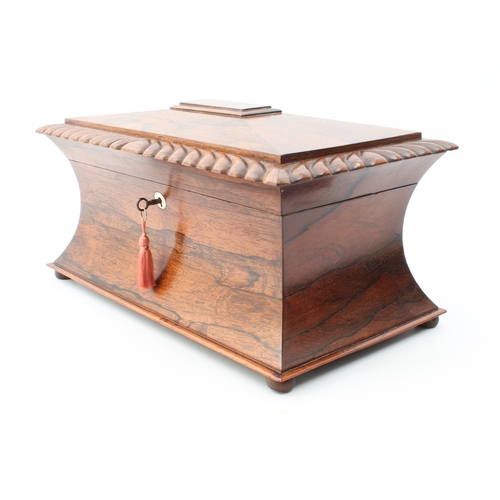 707 - An unusually large late-Regency rosewood sarcophagus tea caddy - with gadrooned border to the hinged... 