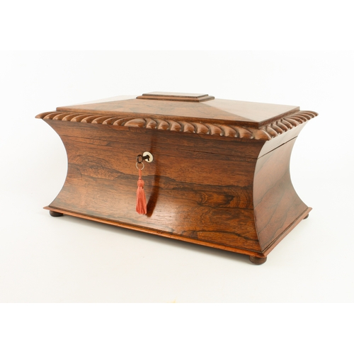 707 - An unusually large late-Regency rosewood sarcophagus tea caddy - with gadrooned border to the hinged... 